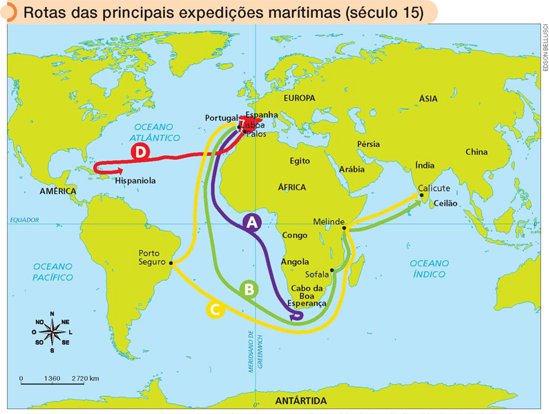 IMAGEM: um mapa mostra as rotas das principais expedições marítimas no século 15. seta a. os navegadores saem de lisboa, em portugal, e percorrem o oceano atlântico pela costa da áfrica na direção sul. eles fazem uma curva fechada à esquerda no cabo da boa esperança, direcionando-se para a américa do sul. seta b. os navegadores saem de lisboa e descem o oceano atlântico entre a américa do sul e a áfrica. eles contornam o cabo da boa esperança à direita e seguem pela costa africana no oceano índico. fazem pausas em sofala e melinde, na áfrica, e concluem seu trajeto em calicute, na índia. seta c. de lisboa, os navegadores viajam para o sul pelo oceano atlântico e param em porto seguro, no brasil. de lá, navegam em direção ao cabo da boa esperança e contornam a costa da áfrica pelo oceano indico. param em melinde e seguem até calicute. seta d. os navegadores saem de palos, na espanha, em direção à américa central. FIM DA IMAGEM.