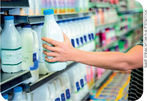 IMAGEM: 4. uma pessoa retira uma garrafa de leite da prateleira de um supermercado. FIM DA IMAGEM.