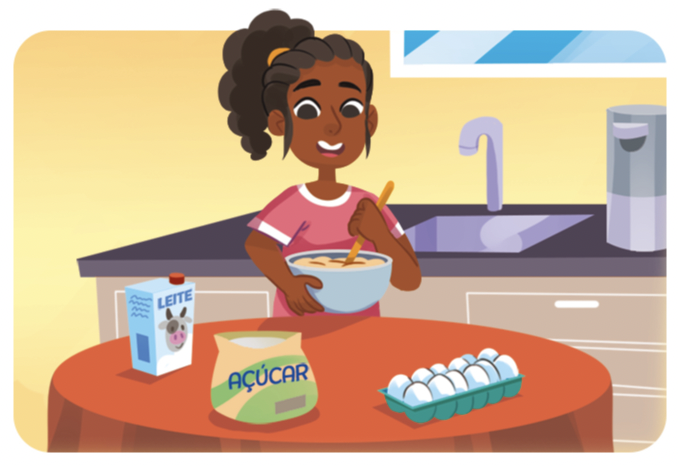 IMAGEM: item b. uma mulher está em uma cozinha mexendo ingredientes em uma tigela. sobre a mesa, leite, açúcar e ovos. FIM DA IMAGEM.