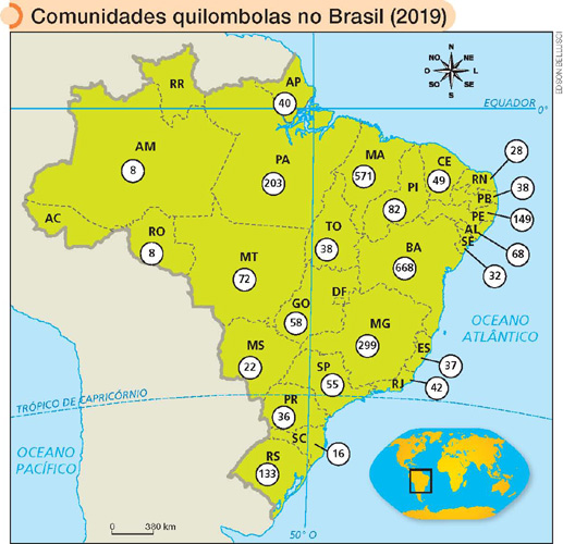 IMAGEM: um mapa indica as comunidades quilombolas no brasil em 2019. cada estado apresenta o número correspondente à quantidade de comunidades naquele território. no amazonas, existem 8, no amapá, 40, no pará, 203, em rondônia, 8, no maranhão, 571, em tocantins, 38, no piauí, 82, no ceará, 49, no rio grande do norte, 28, na paraíba, 38, em pernambuco, 149, em alagoas, 68, em sergipe, 32, na bahia, 668, no mato grosso, 72, em goiás, 58, no mato grosso do sul, 22, em minas gerais, 299, no espírito santo, 37, no rio de janeiro, 42, em são paulo, 55, no paraná, 36, em santa catarina, 16, no rio grande do sul, 133. não há comunidades quilombolas nos estados de roraima e do acre. FIM DA IMAGEM.