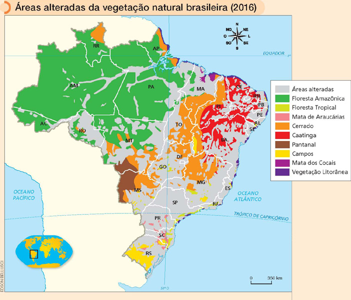 IMAGEM: um mapa de 2016 mostra as áreas alteradas da vegetação natural brasileira. em todo o território nacional há áreas de vegetação alterada, sendo as regiões sul e sudeste muito afetadas. as regiões alteradas no nordeste e no centro-oeste são bastante significativas, mas a área do pantanal apresenta menos alterações. apesar de também apresentar alterações, a região norte é a menos afetada até esse período. FIM DA IMAGEM.