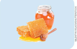IMAGEM: uma meleira cheia e três favos sobre uma porção de mel. FIM DA IMAGEM.