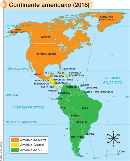 IMAGEM: um mapa de 2018 mostra o continente americano, dividido em américa do norte, américa central e américa do sul e seus respectivos países. na américa do sul, ficam equador, colômbia, venezuela, guiana, suriname, guiana francesa, peru, brasil, bolívia, paraguaia, chile, argentina e uruguai. na américa central, bahamas, cuba, guatemala, belize, jamaica, república dominicana, el salvador, honduras, haiti, costa rica, nicarágua e panamá. na américa do norte, estão localizados o alasca, a groenlândia, o canadá, os estados unidos e o méxico. FIM DA IMAGEM.