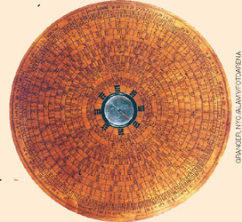 IMAGEM: uma bússola antiga chinesa em formato circular, usada para navegação. no centro dela, há um pequeno mostrador com uma agulha, circundado por grafismos. FIM DA IMAGEM.