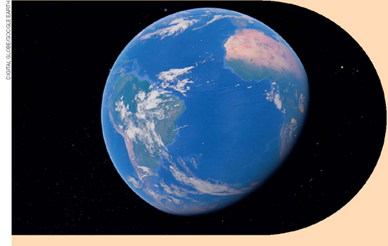IMAGEM: uma fotografia mostra o planeta terra, alguns de seus continentes, nuvens e a maior parte coberta pela água dos oceanos. o lado inferior direito do globo está encoberto por uma sombra. o fundo é escuro. FIM DA IMAGEM.