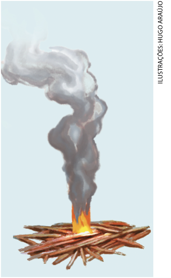 IMAGEM: uma pequena chama queima os gravetos produzindo fumaça. FIM DA IMAGEM.