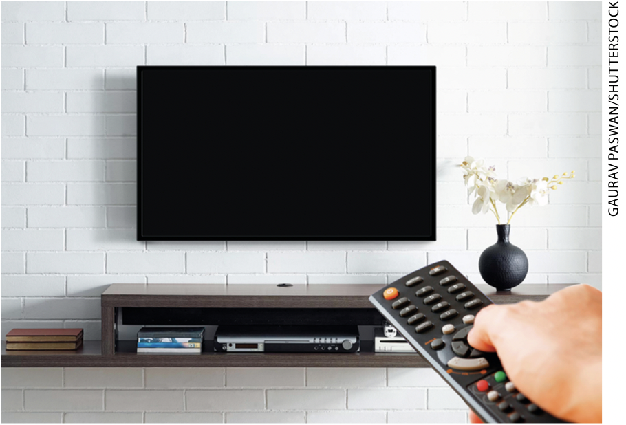 IMAGEM: item b. fotografia de uma mão acionando um controle remoto em frente à tv, em uma sala de estar. FIM DA IMAGEM.
