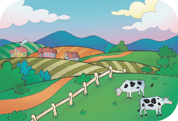 IMAGEM: uma paisagem rural com grandes plantações, casas, vacas no pasto e montanhas ao fundo. FIM DA IMAGEM.