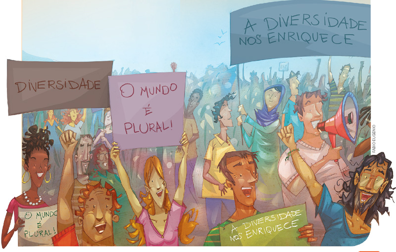 IMAGEM: pessoas de várias etnias são ilustradas em um protesto, algumas carregam cartazes com os dizeres: o mundo é plural, diversidade, a diversidade nos enriquece. FIM DA IMAGEM.
