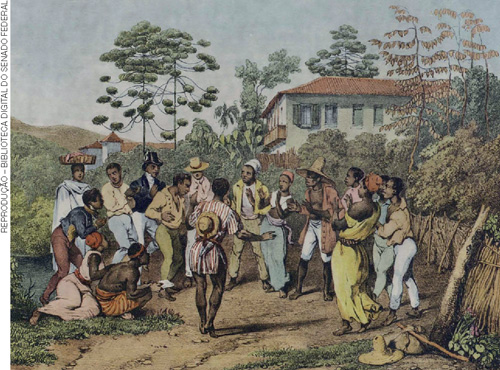 IMAGEM: pintura ilustra uma paisagem rural e um grupo de pessoas negras escravizadas em uma rua de chão batido. FIM DA IMAGEM.