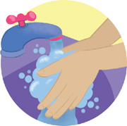 IMAGEM: círculo com uma pessoa ilustrada lavando as mãos. FIM DA IMAGEM.