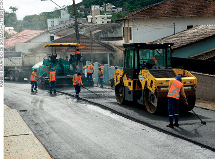 IMAGEM: trabalhadores e máquinas, asfaltam uma rua. sobre o chão, há uma extensa faixa de piche. . FIM DA IMAGEM.