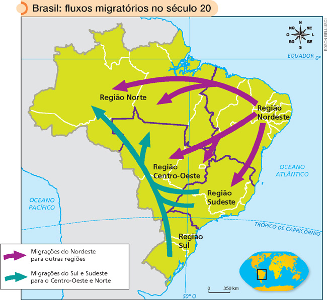 IMAGEM: mapa do brasil destacando os fluxos migratórios no século 20. há cinco setas partindo da região nordeste, duas delas seguindo para a região norte, duas para a centro oeste e uma para o sudeste. há duas setas partindo da região sudeste e sul para o centro-oeste e norte. FIM DA IMAGEM.