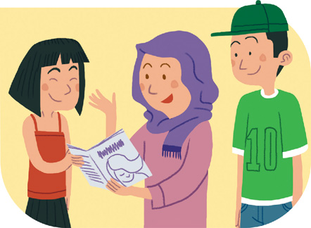 IMAGEM: três pessoas são ilustradas tendo uma conversa, uma delas usa roupas características da cultura mulçumana. FIM DA IMAGEM.