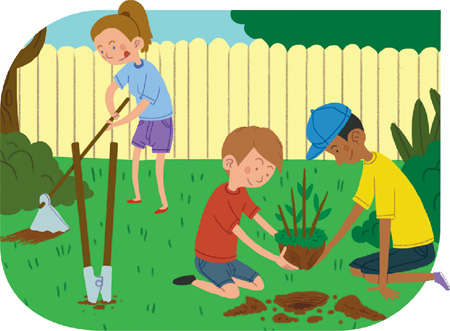 IMAGEM: crianças são ilustradas em um quintal. dois meninos estão plantando uma árvore, enquanto uma menina prepara a terra com uma ferramenta em suas mãos. FIM DA IMAGEM.
