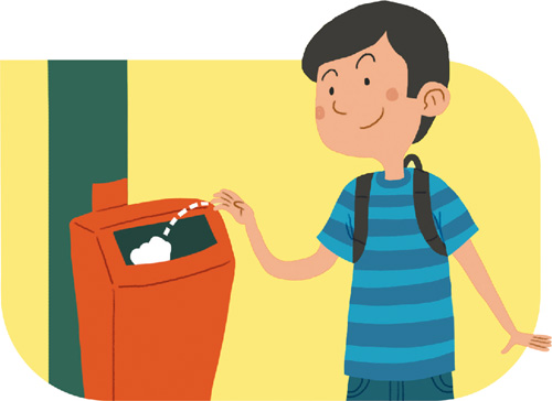 IMAGEM: garoto ilustrado jogando uma bolinha de papel em uma lixeira. FIM DA IMAGEM.