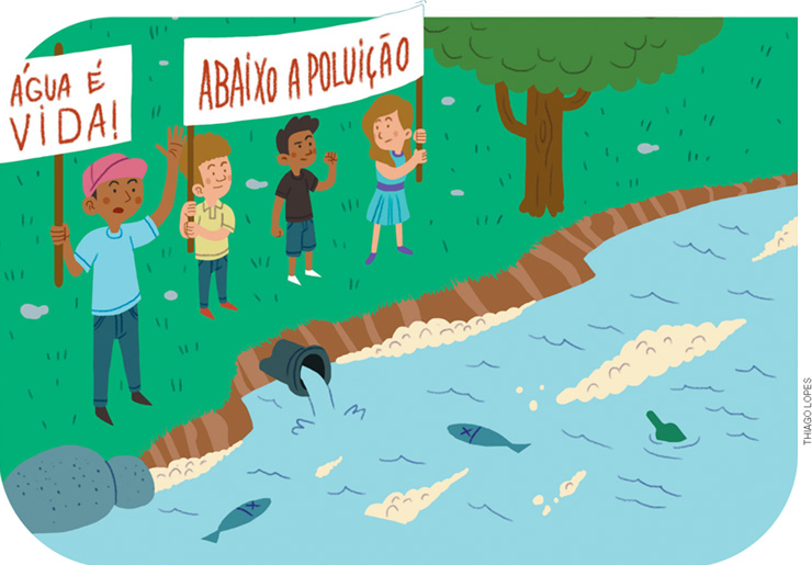 IMAGEM: um rio poluído é ilustrado com um grupo de pessoas protestando à sua margem. elas carregam cartazes com os seguintes dizeres: água é vida e abaixo a poluição. FIM DA IMAGEM.