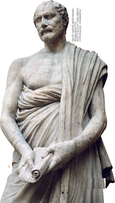 IMAGEM: escultura de um homem vestindo uma túnica caraterística da grécia antiga ao redor do corpo. nas mãos, ele segura uma folha de papiro. FIM DA IMAGEM.