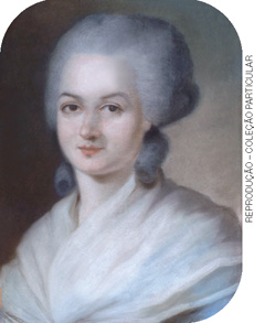 IMAGEM: retrato antigo de uma mulher usando um lenço sobre os ombros e uma peruca sobre a cabeça característica do século 18. FIM DA IMAGEM.