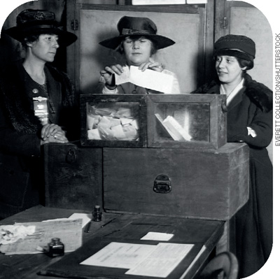 IMAGEM: fotografia de três mulheres usando chapéus e roupas antiquadas, elas estão atrás de uma urna de eleição feita de madeira. é possível ver os papéis de voto nas caixas atrás de superfícies de vidro. FIM DA IMAGEM.