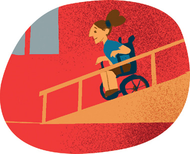 IMAGEM: uma mulher cadeirante descendo uma rampa. FIM DA IMAGEM.