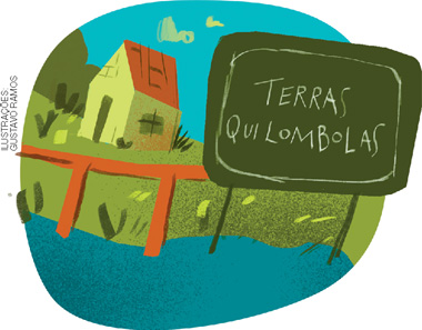 IMAGEM: uma casinha é ilustrada em um terreno com grama e árvores ao fundo, próximo a um rio há uma placa com os seguintes dizeres: terras quilombolas. FIM DA IMAGEM.