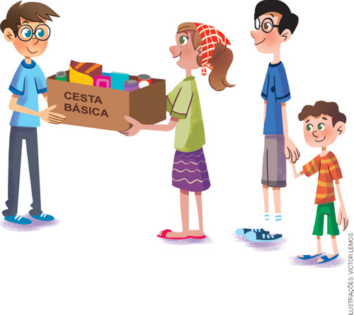 IMAGEM: uma mulher ilustrada dando a um garoto uma caixa com dos dizeres: cesta básica e, em seu interior, há inúmeras embalagens de alimento. um homem e um menininho observam logo atrás dela. FIM DA IMAGEM.