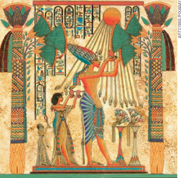 IMAGEM: ilustração de um faraó egípcio com as mãos erguidas para um disco solar, ilustrado com setas representando a luz que erradia dele. o homem egípcio está ao centro, uma mulher atrás dele e um servo ao fundo. colunas com detalhes geométricos coloridos, vasos com flores, paredes com símbolos estão ao redor deles. FIM DA IMAGEM.