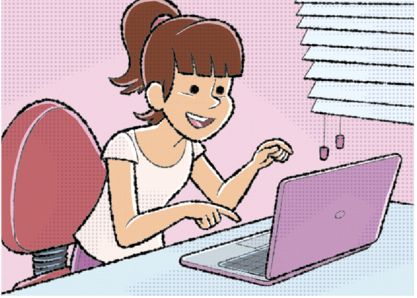 IMAGEM: mulher desenhada sentada à frente de uma mesa usando um computador. FIM DA IMAGEM.