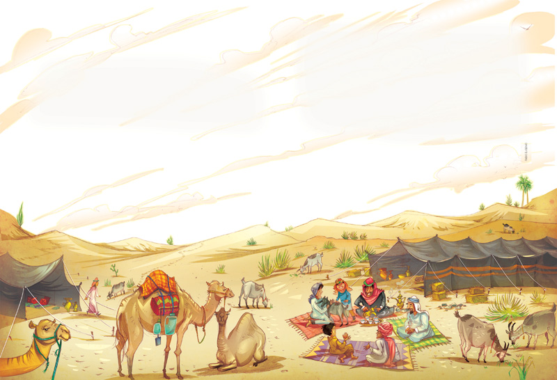 IMAGEM: paisagem desértica ilustrada com camelos, bodes comendo capim, e tendas. à direta da imagem, há um grupo de pessoas sentadas sobre tapetes tomando chá. FIM DA IMAGEM.
