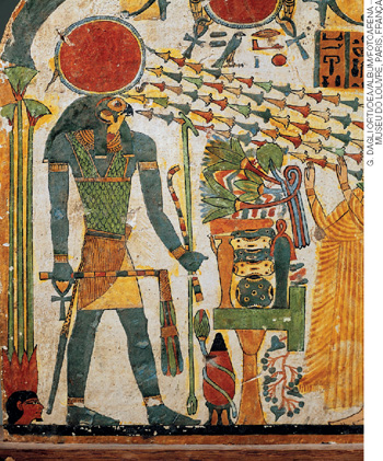 IMAGEM: pintura antiga de um homem com cabeça de pássaro e um disco redondo acima de sua cabeça, ele segura em suas mãos algumas hastes coloridas. há jarros e plantas próximo a ele, assim como símbolos que remetem à cultura egípcia. FIM DA IMAGEM.
