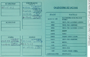 IMAGEM: caderneta de vacinação com algumas anotações indicando as vacinas que a criança irá tomar e já tomou. FIM DA IMAGEM.