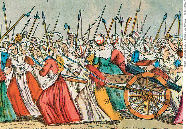 IMAGEM: mulheres ilustradas segurando lanças nas mãos e puxando um canhão, elas estão marchando com expressões indignadas em seus rostos. FIM DA IMAGEM.