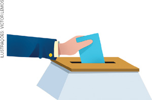 IMAGEM: braço de um homem ilustrado colocando um papel de voto em uma urna. FIM DA IMAGEM.