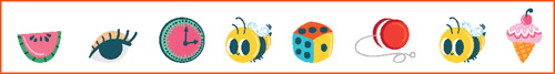 IMAGEM: uma melancia, olho, relógio, abelha, dado, ioiô, uma outra abelha e um sorvete estão ilustrados em sequência. FIM DA IMAGEM.
