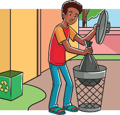 IMAGEM: um rapaz é ilustrado tirando um saco de lixo de uma lixeira, há um recipiente retangular próximo com o símbolo de reciclagem. FIM DA IMAGEM.