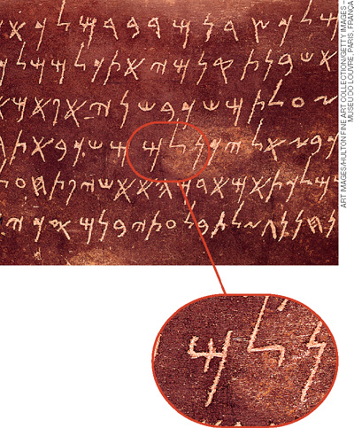 IMAGEM: escritos fenícios feitos com traços, sobre uma superfície. uma lupa destaca seus detalhes. FIM DA IMAGEM.