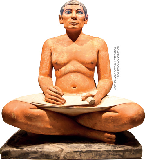IMAGEM: estátua de um homem sentado com as pernas cruzadas. em seu colo, há um rolo de papiro parcialmente aberto. FIM DA IMAGEM.