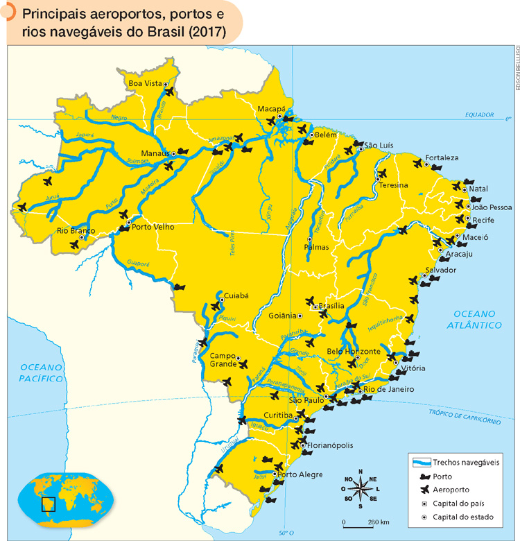 IMAGEM: mapa do brasil destacando os principais aeroportos, trechos navegáveis e portos nas cinco regiões do país. peça ajuda ao seu professor. FIM DA IMAGEM.
