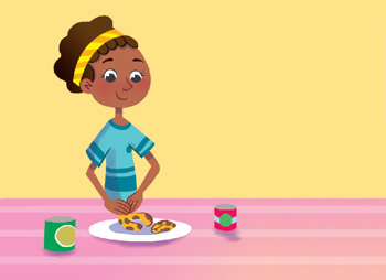 IMAGEM: garota ilustrada à frente de uma mesa, há um prato com cascas de banana sobre sua superfície. FIM DA IMAGEM.