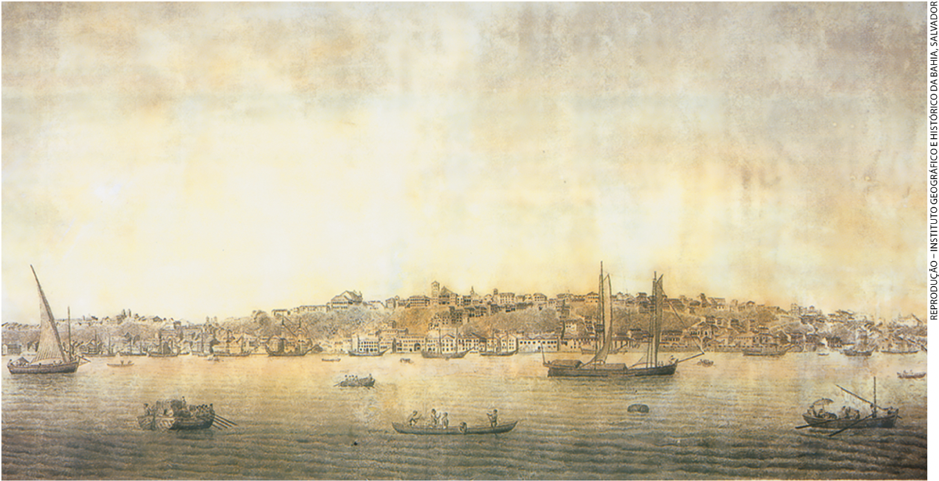 IMAGEM: pintura antiga ilustrando um porto com inúmeros barcos. FIM DA IMAGEM.