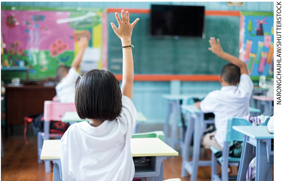 IMAGEM: crianças sentadas em uma sala de aula. elas estão com um dos braços levantados participando de uma votação. FIM DA IMAGEM.