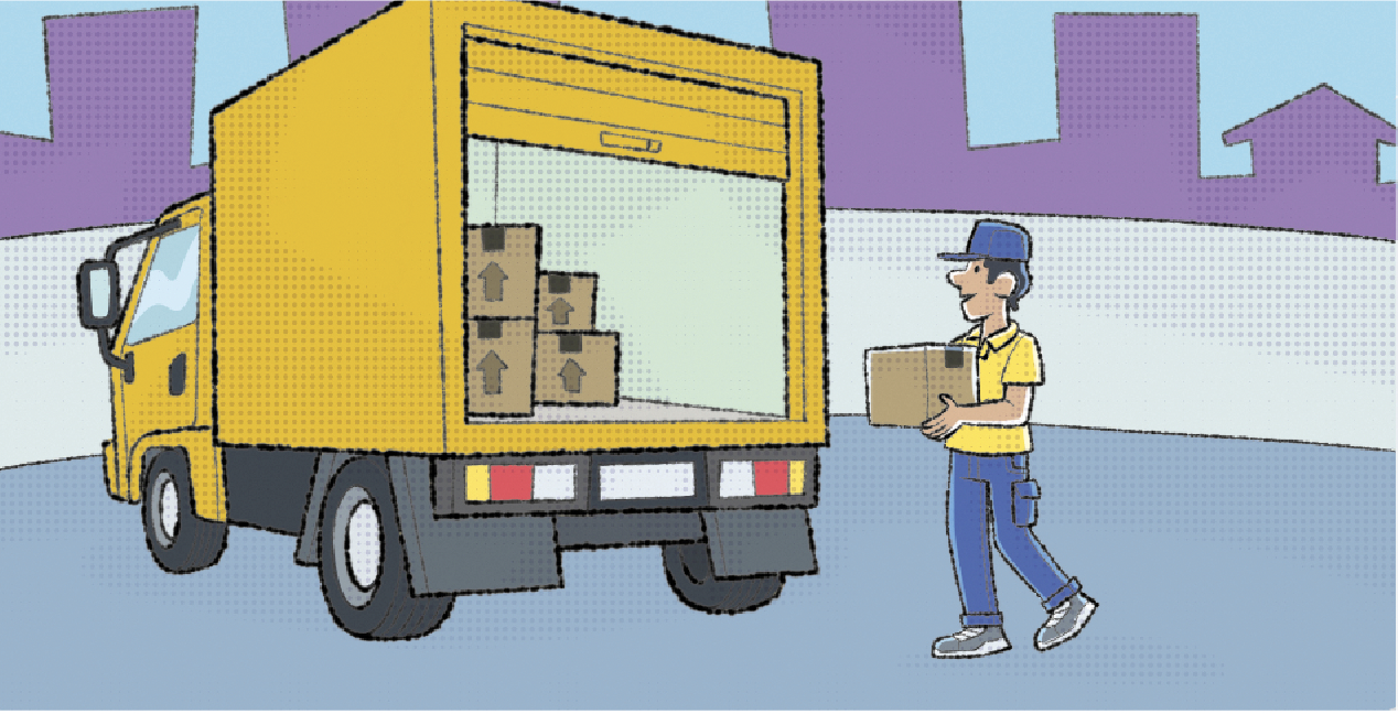IMAGEM: trabalhador colocando caixas no interior de um caminhão de entregas. FIM DA IMAGEM.