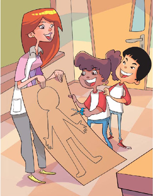 IMAGEM: a professora segura o papel com o contorno do corpo do menino. as crianças estão ao lado e a menina usa uma tesoura para recortar o desenho. FIM DA IMAGEM.