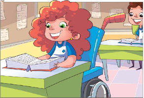 IMAGEM: uma menina em uma cadeira de rodas lendo um livro que está sobre a mesa escolar. FIM DA IMAGEM.