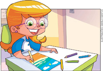 IMAGEM: uma menina desenha uma paisagem com vários lápis coloridos. FIM DA IMAGEM.