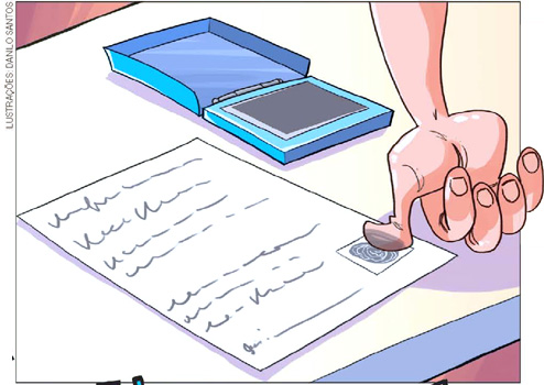 IMAGEM: um homem utiliza a impressão digital do polegar para assinar um documento. ao fundo, há um carimbo com tinta. FIM DA IMAGEM.
