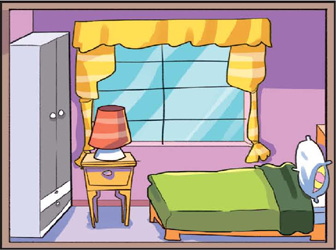 IMAGEM: um quarto, com uma cama, uma mesa com abajur, um armário e uma janela com cortinas. FIM DA IMAGEM.