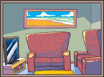 IMAGEM: uma sala com dois sofás, uma televisão e um quadro ao fundo pregado na parede. FIM DA IMAGEM.