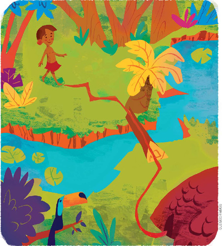IMAGEM: um menino indígena caminhando em uma floresta, em direção a um tronco de madeira posicionado sobre as margens de um rio, ligando os dois lados. ao redor dele, há várias árvores, coqueiros, plantas rasteiras, plantas aquáticas e um tucano em um galho. do outro lado do rio, há uma oca. FIM DA IMAGEM.
